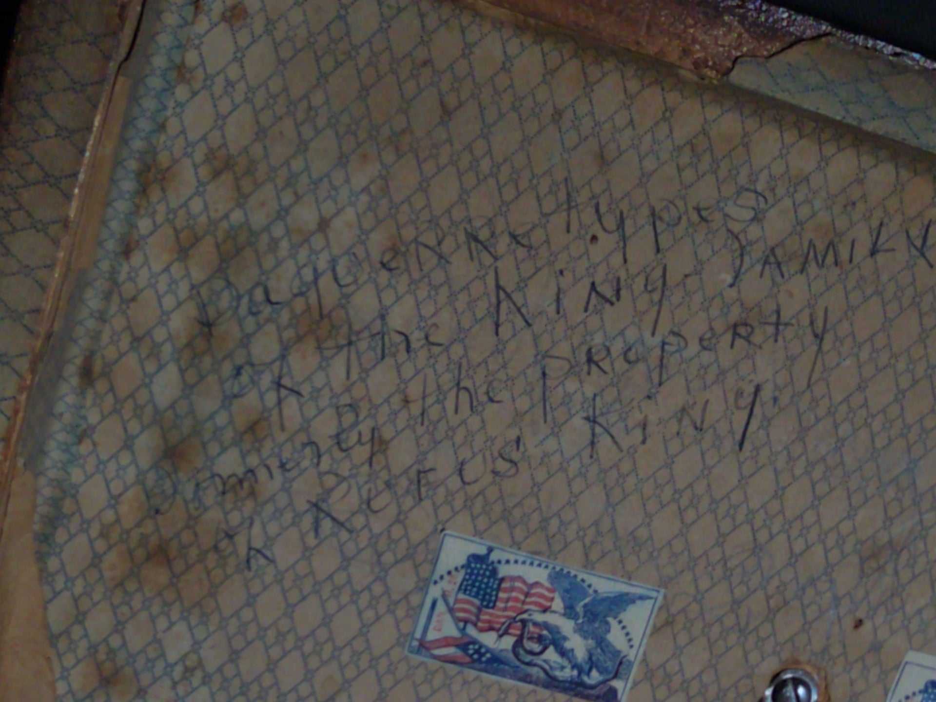 Antique Inlaid Wood Box with Brass Bail Handle, Inscribed