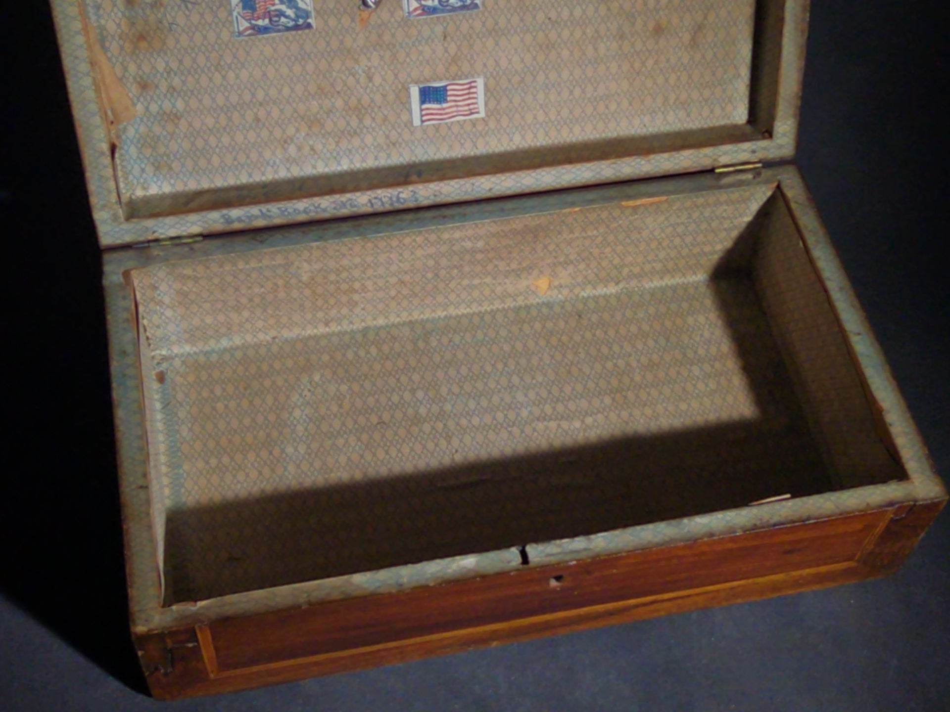 Antique Inlaid Wood Box with Brass Bail Handle, Inscribed
