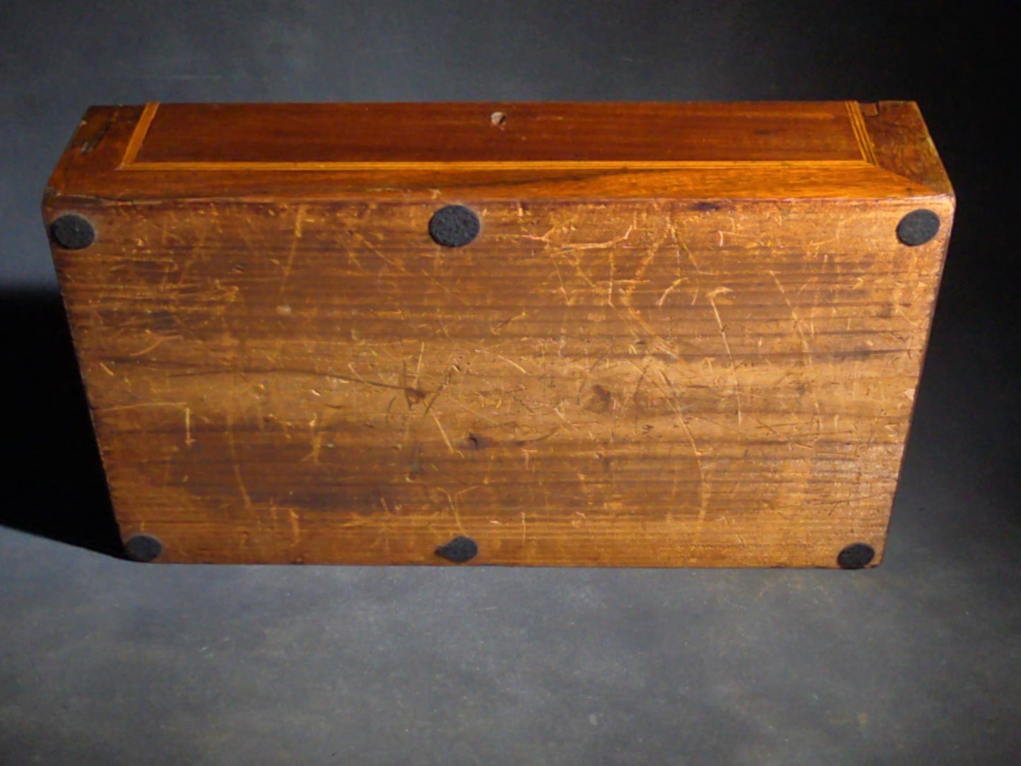 Antique Inlaid Wood Box with Brass Bail Handle, Inscribed