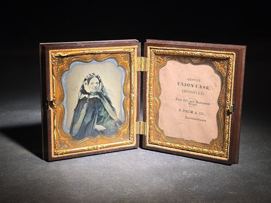 Antique 1/6th Plate Ambrotype Photograph of a Young Woman in Lace Veil in Thermoplastic Union Case by S. Peck & Co. with Scroll and Oval Lattice Design