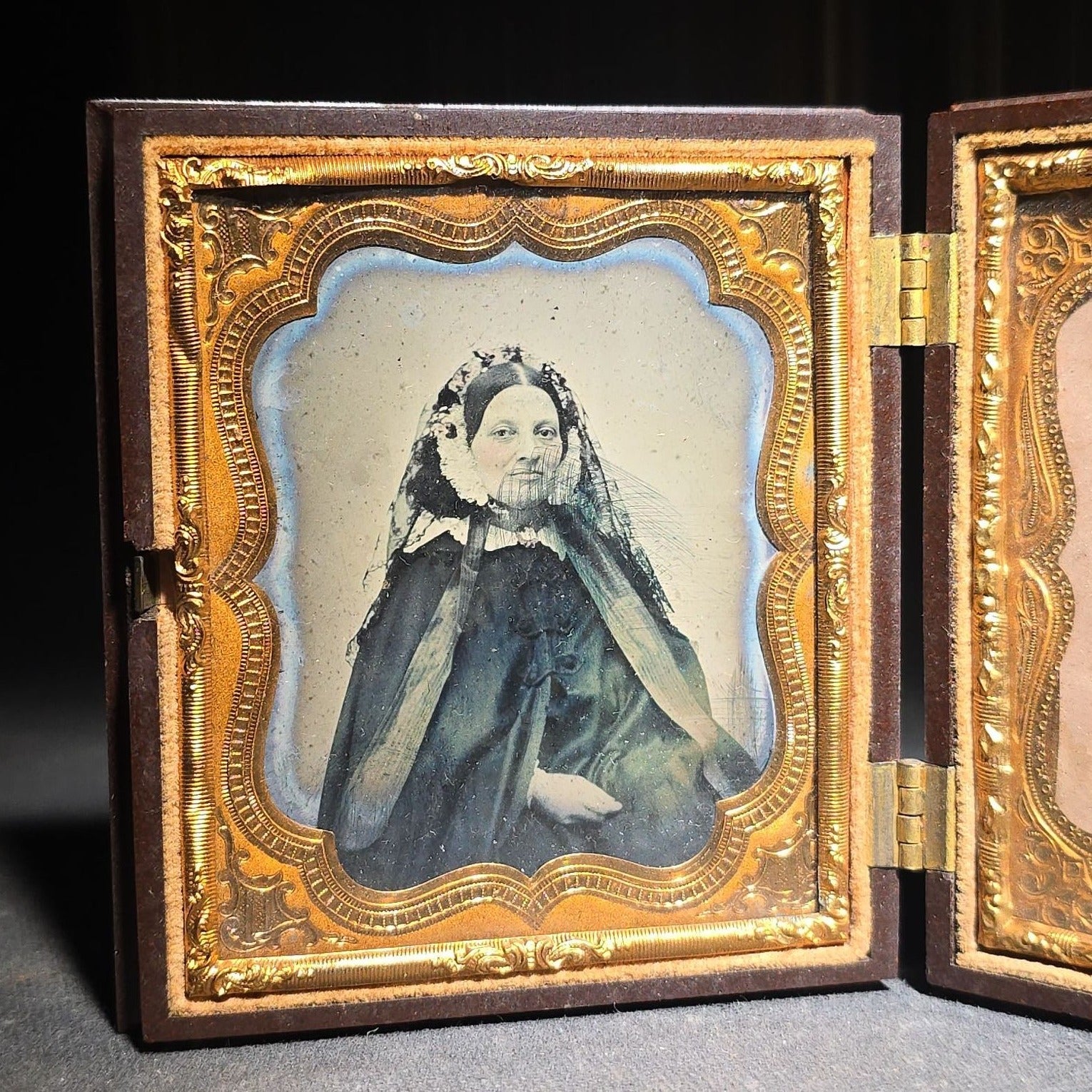 Antique 1/6th Plate Ambrotype Photograph of a Young Woman in Lace Veil in Thermoplastic Union Case by S. Peck & Co. with Scroll and Oval Lattice Design