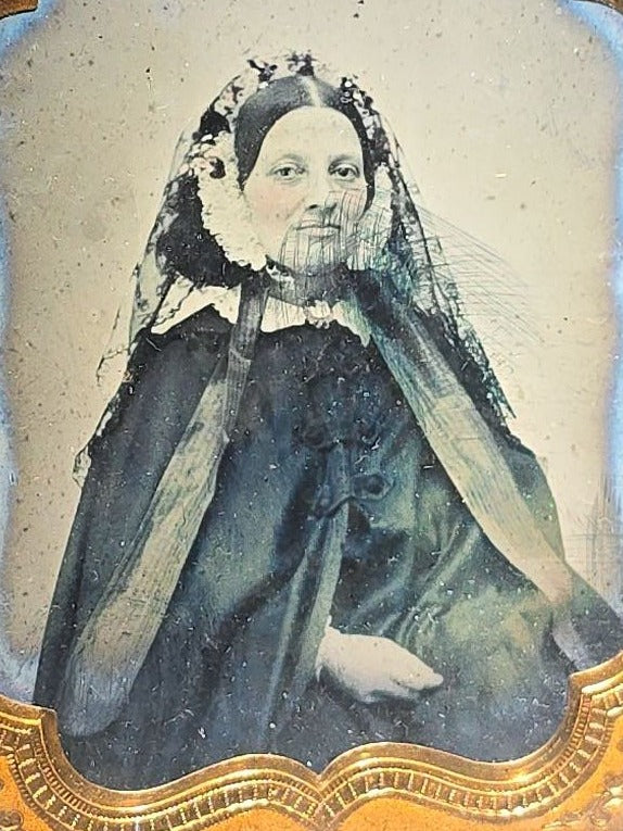 Antique 1/6th Plate Ambrotype Photograph of a Young Woman in Lace Veil in Thermoplastic Union Case by S. Peck & Co. with Scroll and Oval Lattice Design