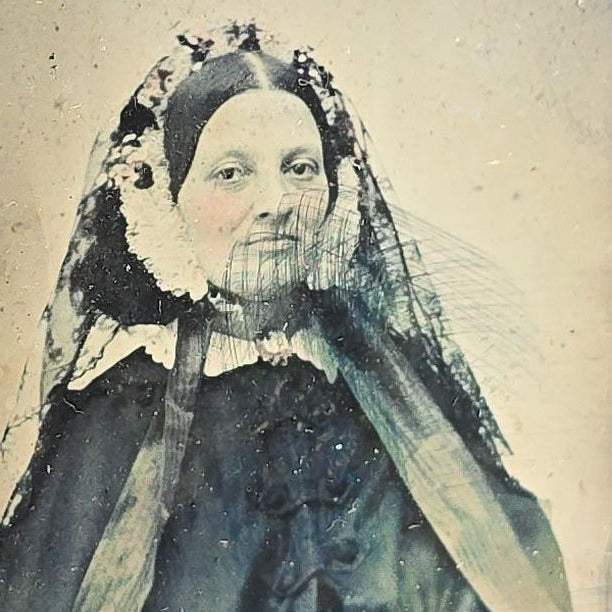 Antique 1/6th Plate Ambrotype Photograph of a Young Woman in Lace Veil in Thermoplastic Union Case by S. Peck & Co. with Scroll and Oval Lattice Design