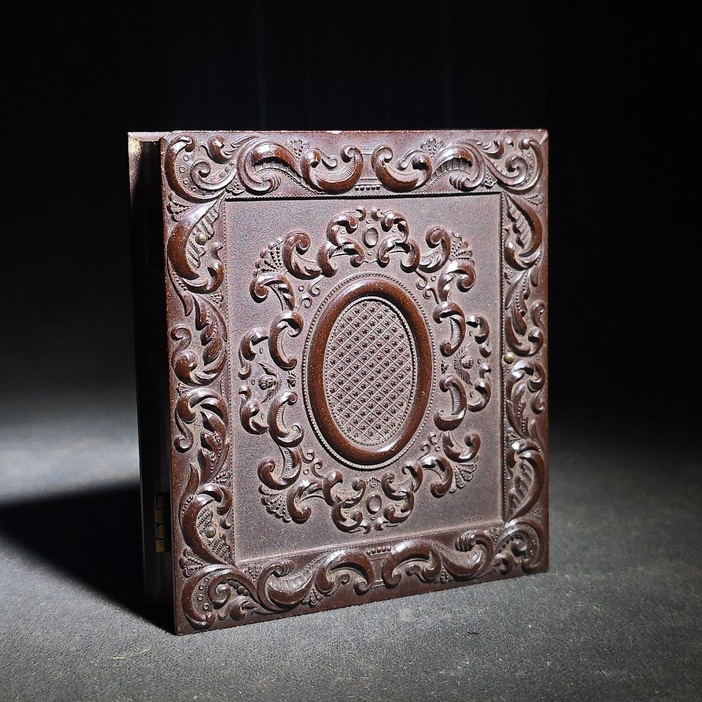 Antique 1/6th Plate Ambrotype Photograph of a Young Woman in Lace Veil in Thermoplastic Union Case by S. Peck & Co. with Scroll and Oval Lattice Design
