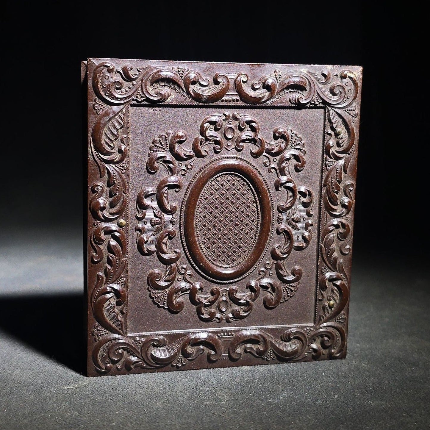 Antique 1/6th Plate Ambrotype Photograph of a Young Woman in Lace Veil in Thermoplastic Union Case by S. Peck & Co. with Scroll and Oval Lattice Design