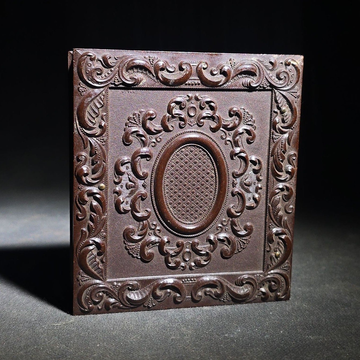 Antique 1/6th Plate Ambrotype Photograph of a Young Woman in Lace Veil in Thermoplastic Union Case by S. Peck & Co. with Scroll and Oval Lattice Design
