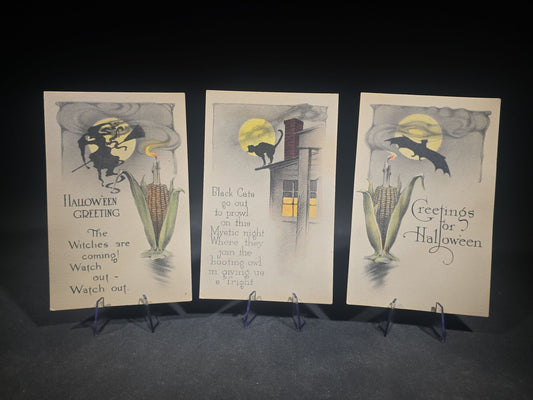 Trio of Vintage Halloween Postcards with Witch, Black Cat, and Bat, Corn Cob Candle Motif, Published by The Gibson Art Co., Cincinnati, Ohio, Unused