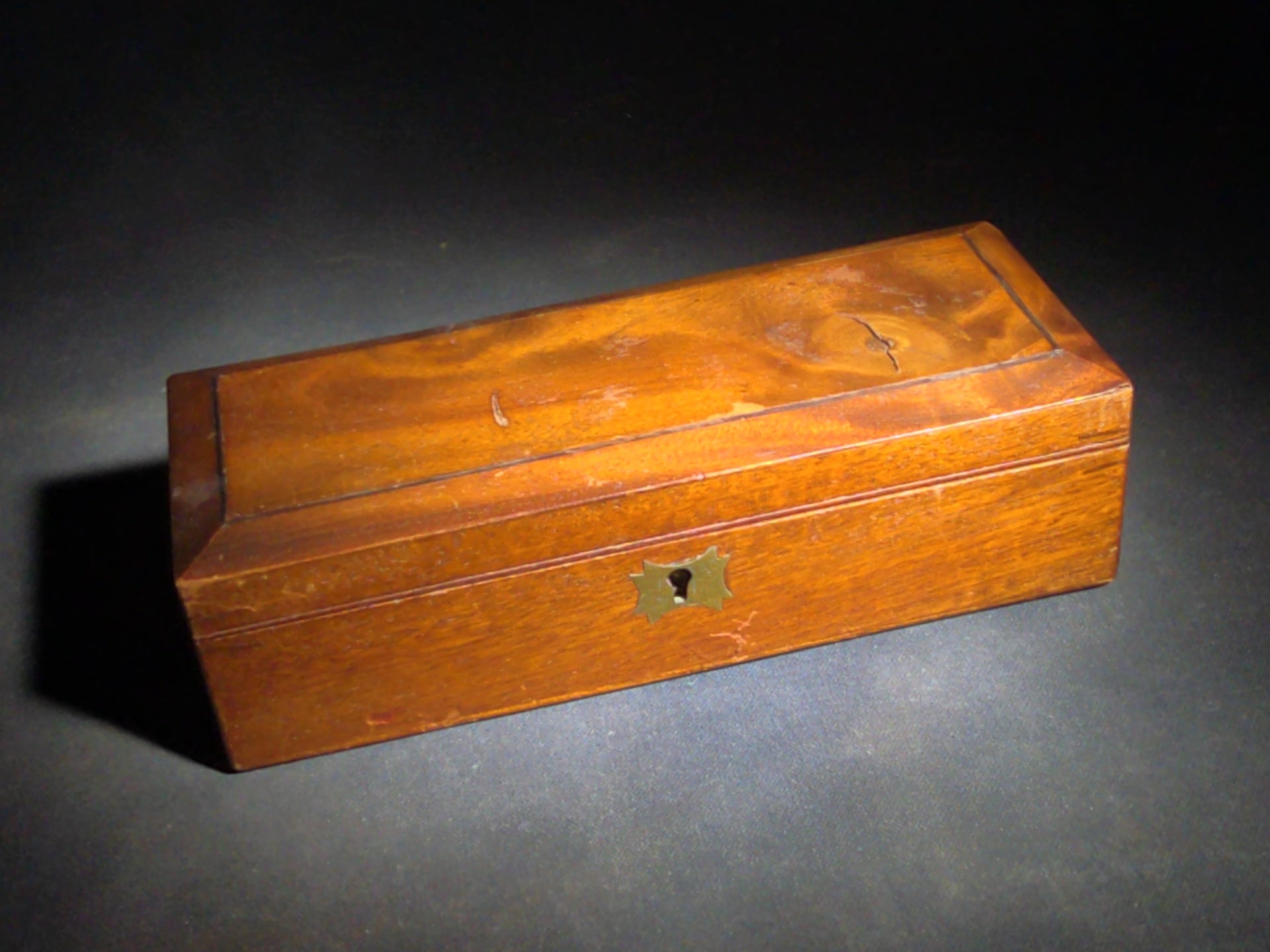 Antique Wooden Hinged-Lid Box with Brass Escutcheon and Hinges, No Key