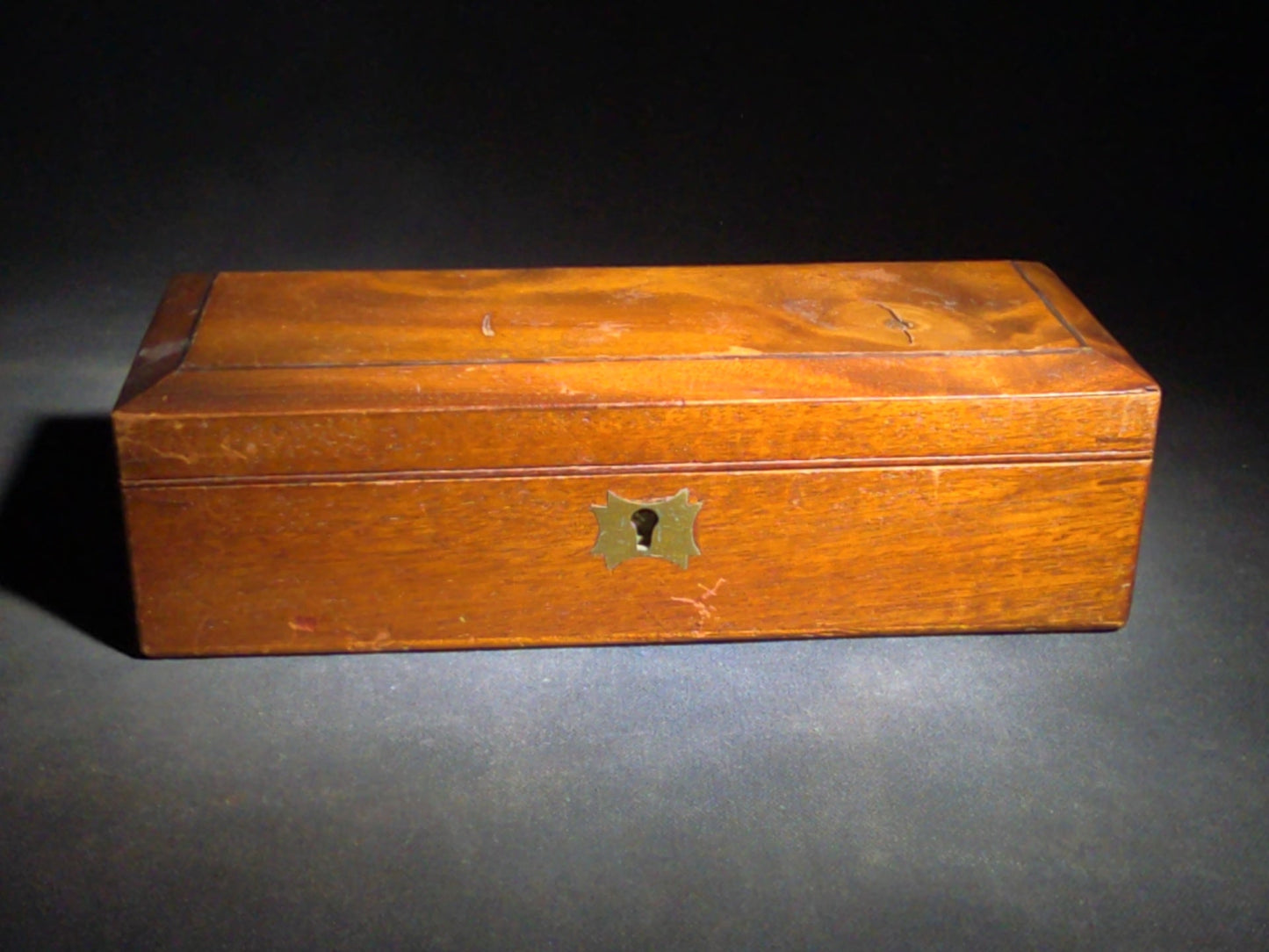 Antique Wooden Hinged-Lid Box with Brass Escutcheon and Hinges, No Key