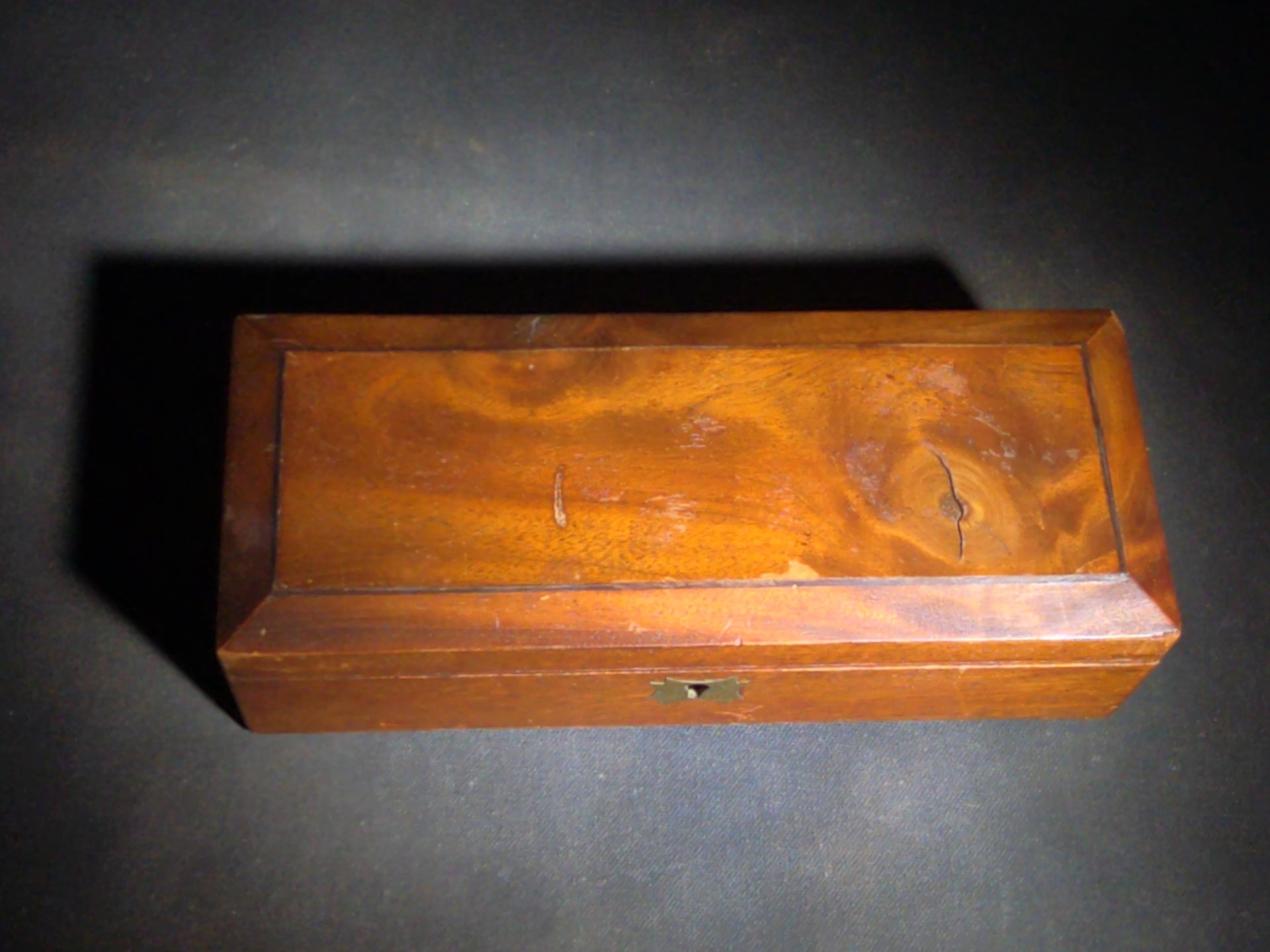 Antique Wooden Hinged-Lid Box with Brass Escutcheon and Hinges, No Key