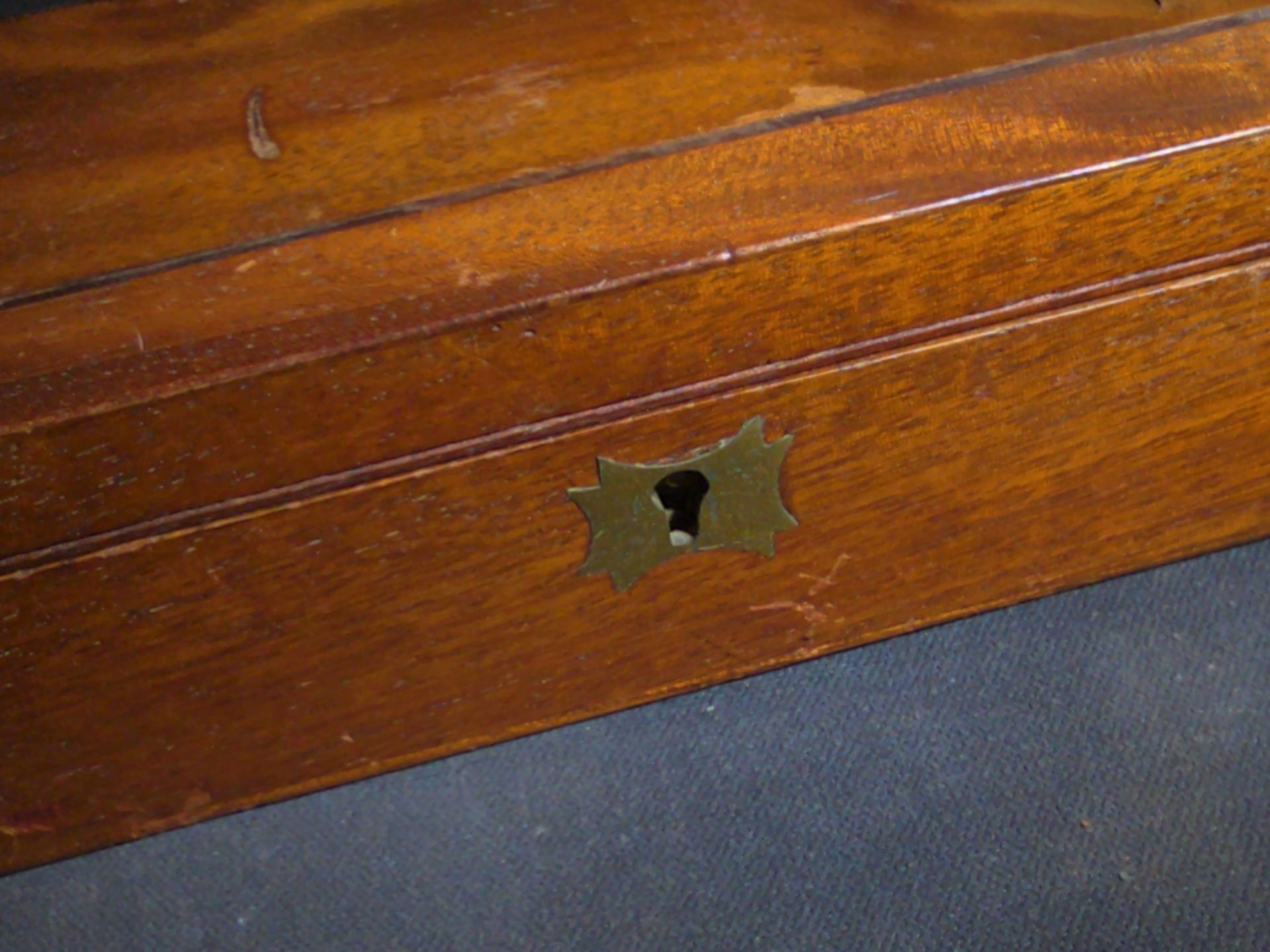 Antique Wooden Hinged-Lid Box with Brass Escutcheon and Hinges, No Key