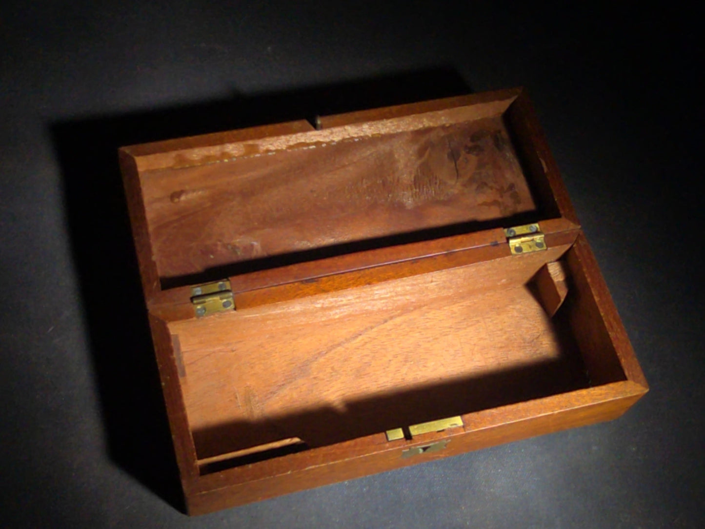 Antique Wooden Hinged-Lid Box with Brass Escutcheon and Hinges, No Key