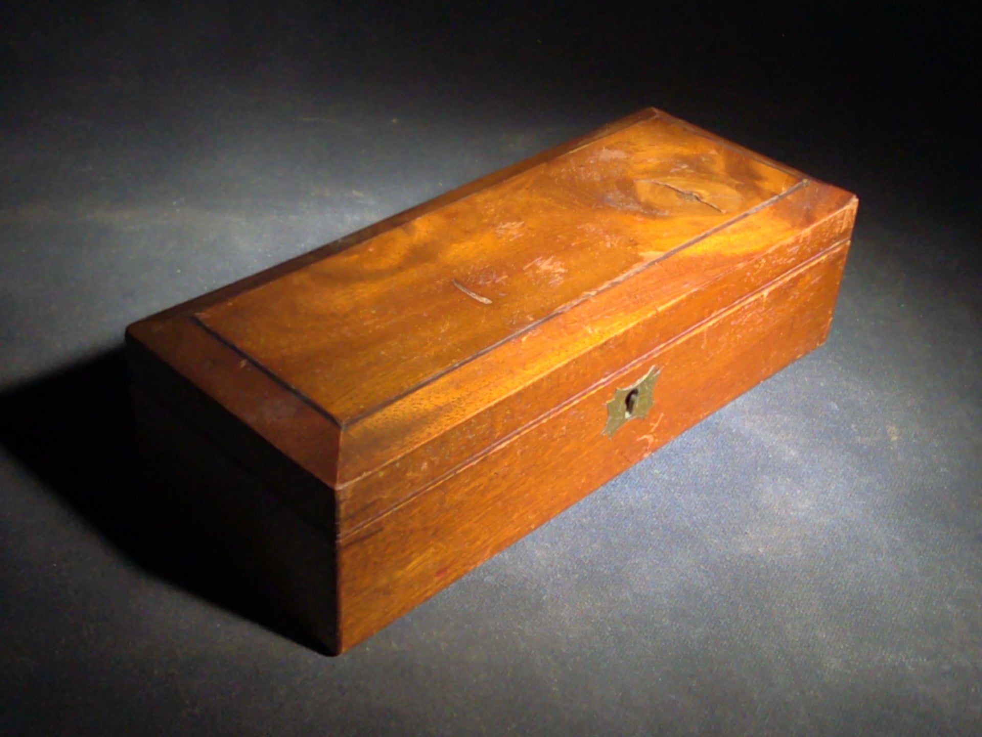 Antique Wooden Hinged-Lid Box with Brass Escutcheon and Hinges, No Key