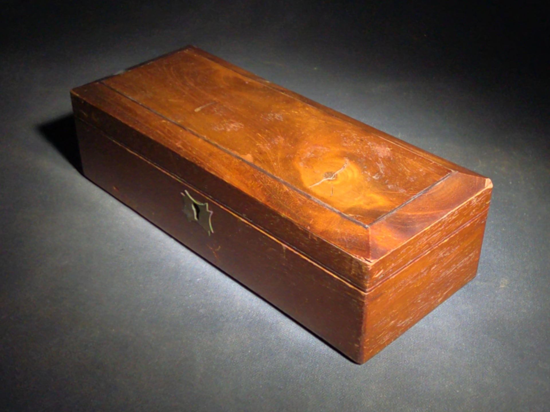 Antique Wooden Hinged-Lid Box with Brass Escutcheon and Hinges, No Key
