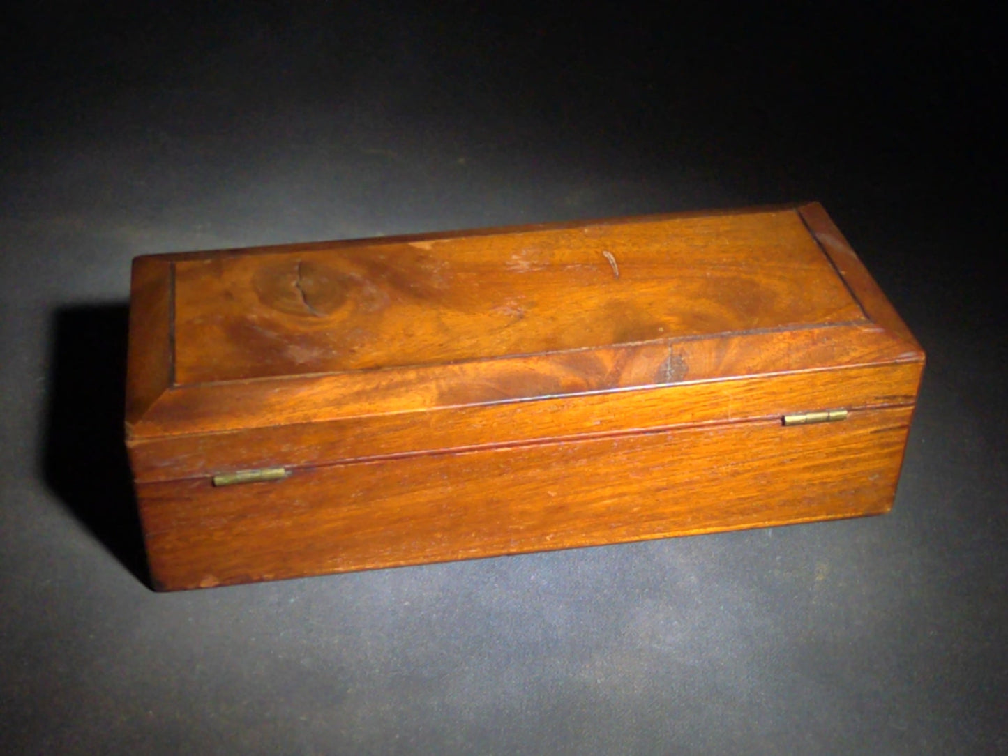 Antique Wooden Hinged-Lid Box with Brass Escutcheon and Hinges, No Key