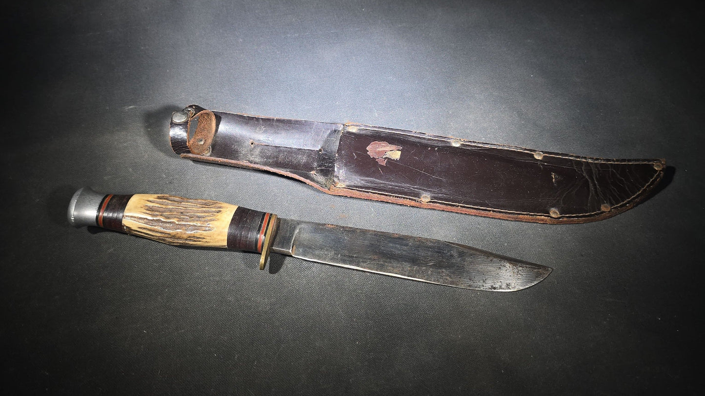 Vintage Stag-Handled Hunting Knife with Leather Sheath, Manufactured by John Nowill and Sons, Sheffield, England