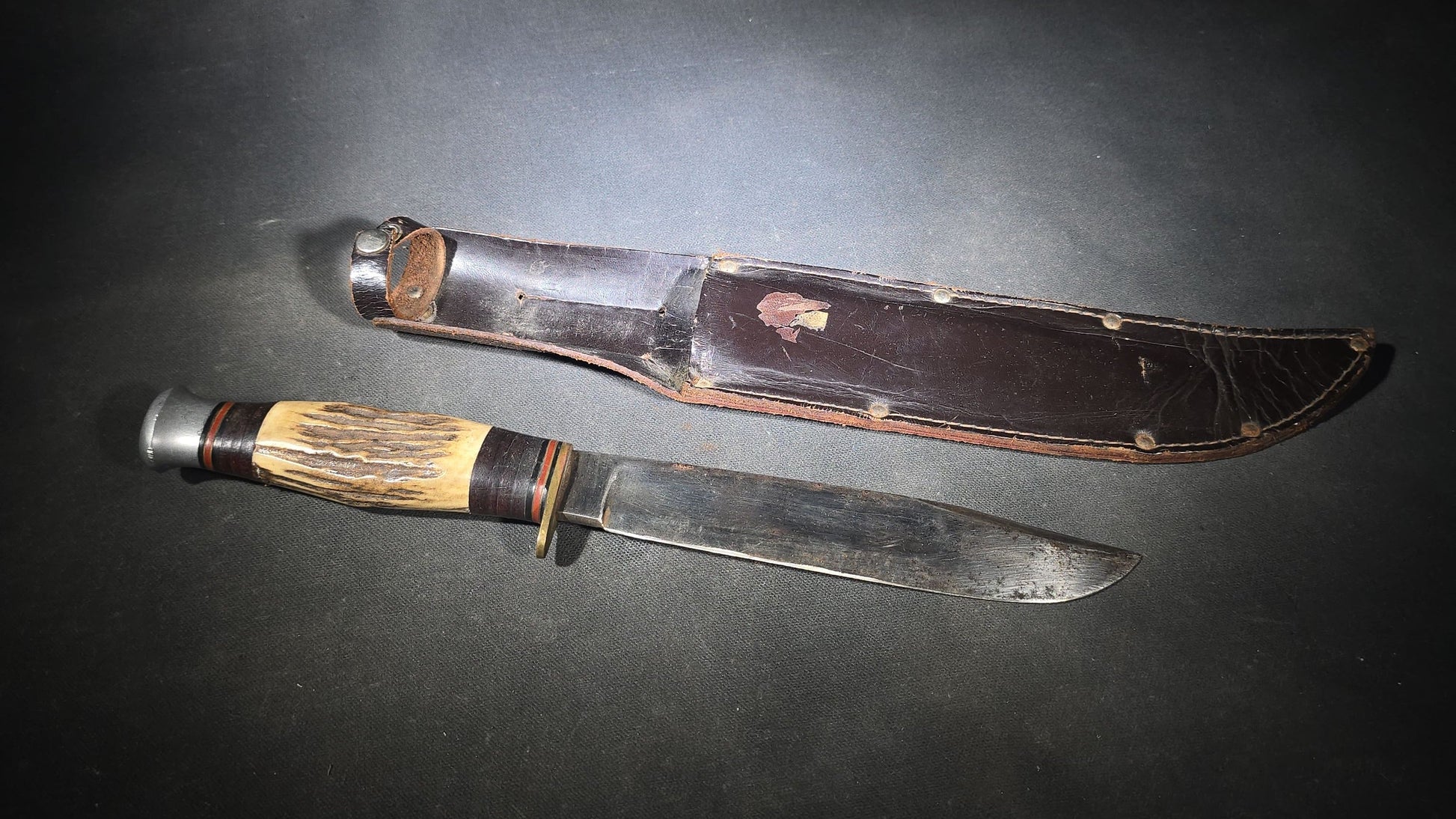 Vintage Stag-Handled Hunting Knife with Leather Sheath, Manufactured by John Nowill and Sons, Sheffield, England