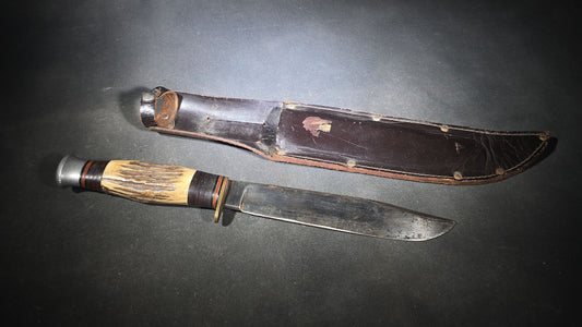 Vintage Stag-Handled Hunting Knife with Leather Sheath, Manufactured by John Nowill and Sons, Sheffield, England