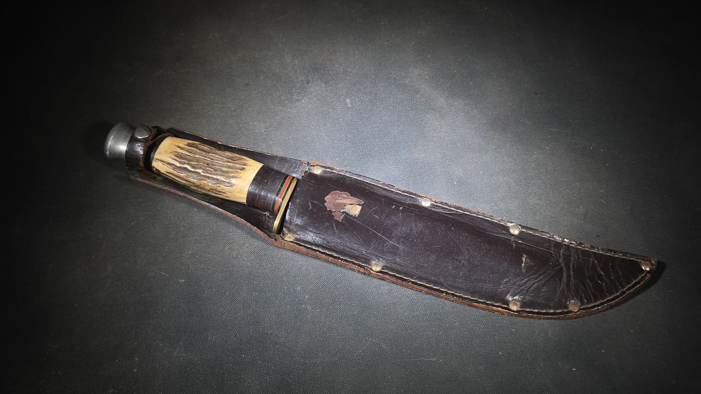 Vintage Stag-Handled Hunting Knife with Leather Sheath, Manufactured by John Nowill and Sons, Sheffield, England