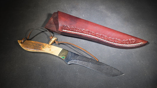 Vintage Damascus Steel Fixed-Blade Knife with Bone Handle, Brass Bolster, and Tooled Leather Sheath