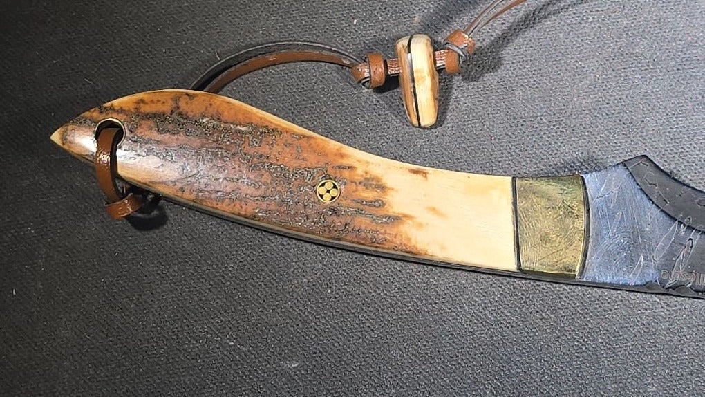 Vintage Damascus Steel Fixed-Blade Knife with Bone Handle, Brass Bolster, and Tooled Leather Sheath