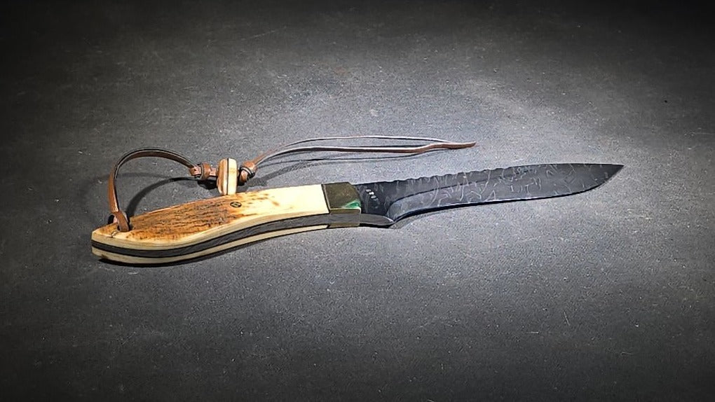 Vintage Damascus Steel Fixed-Blade Knife with Bone Handle, Brass Bolster, and Tooled Leather Sheath