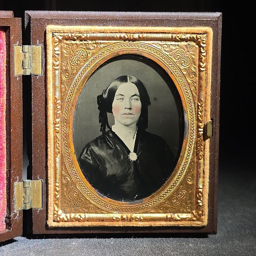 Antique 1/9th Plate Ruby Ambrotype Photograph of a Young Woman with Hand-Tinted Cheeks in Thermoplastic Union Case, Photographed by Davis Brothers, Portsmouth, New Hampshire, 1859
