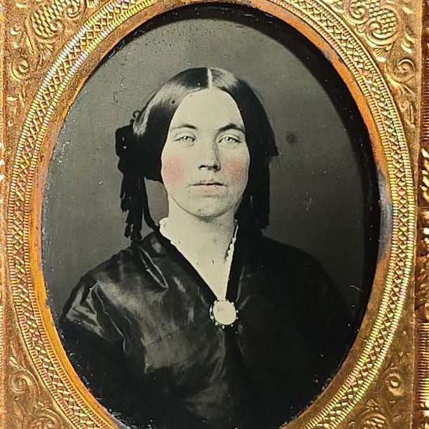 Antique 1/9th Plate Ruby Ambrotype Photograph of a Young Woman with Hand-Tinted Cheeks in Thermoplastic Union Case, Photographed by Davis Brothers, Portsmouth, New Hampshire, 1859