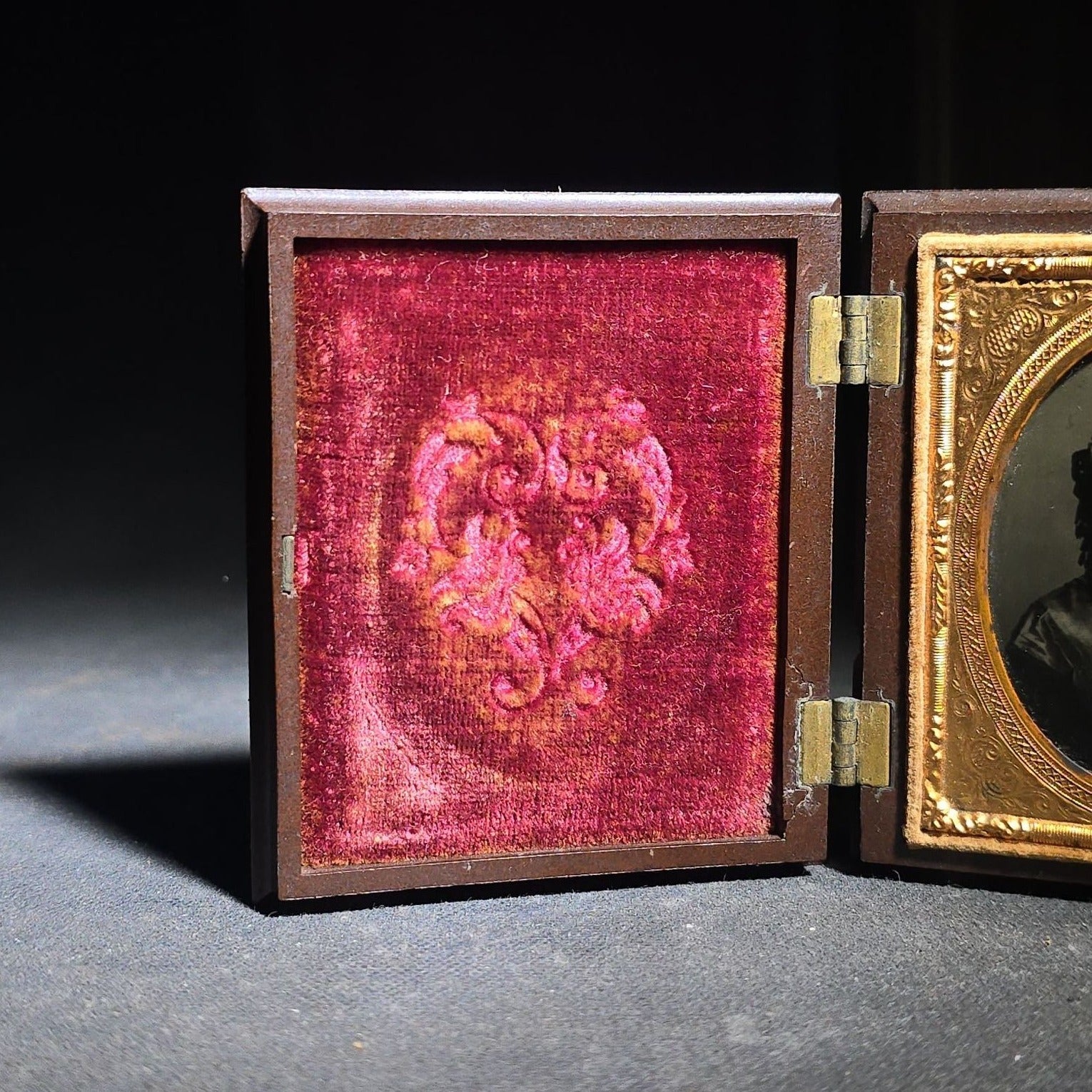 Antique 1/9th Plate Ruby Ambrotype Photograph of a Young Woman with Hand-Tinted Cheeks in Thermoplastic Union Case, Photographed by Davis Brothers, Portsmouth, New Hampshire, 1859