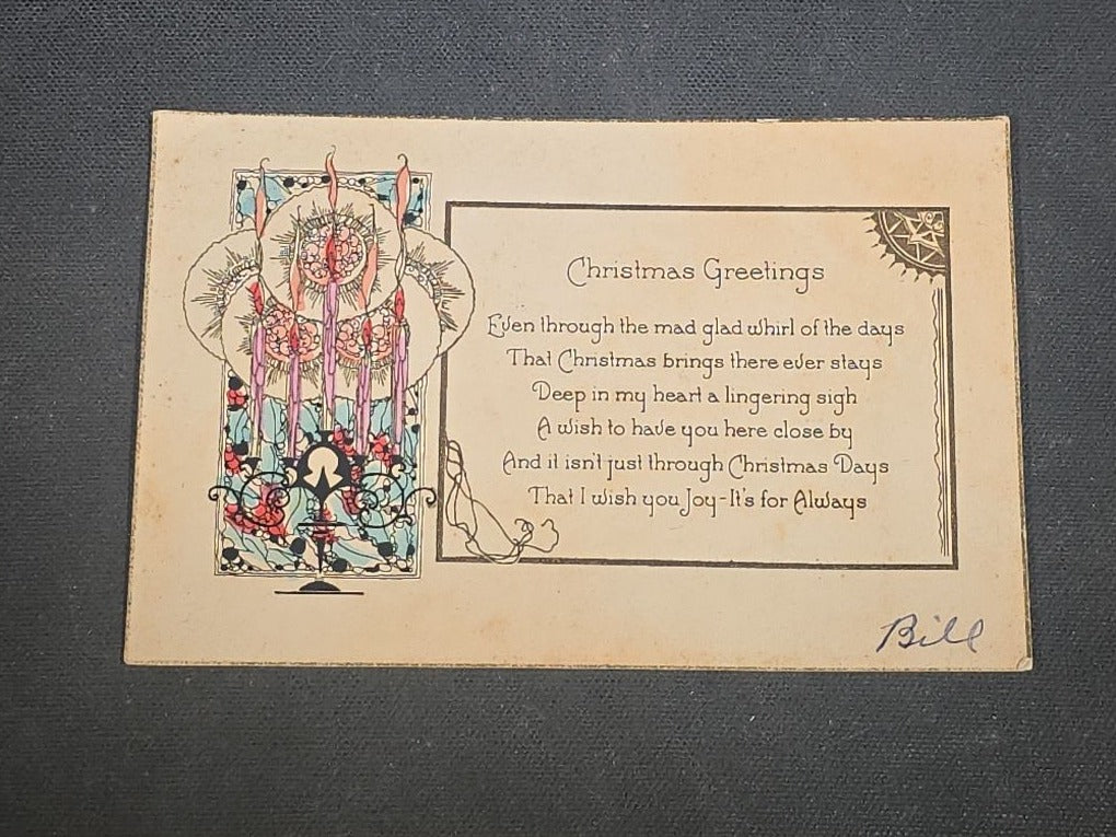 Grouping of Seven Antique and Vintage Christmas Ephemera including Santa Claus with Children in Sleigh R.P.P.C., Quincy Savings Bank Die-Cut Stocking Dime Holder, Personal Finance Company Advertising Needle Case, and Anti-New Deal Humorous Poem