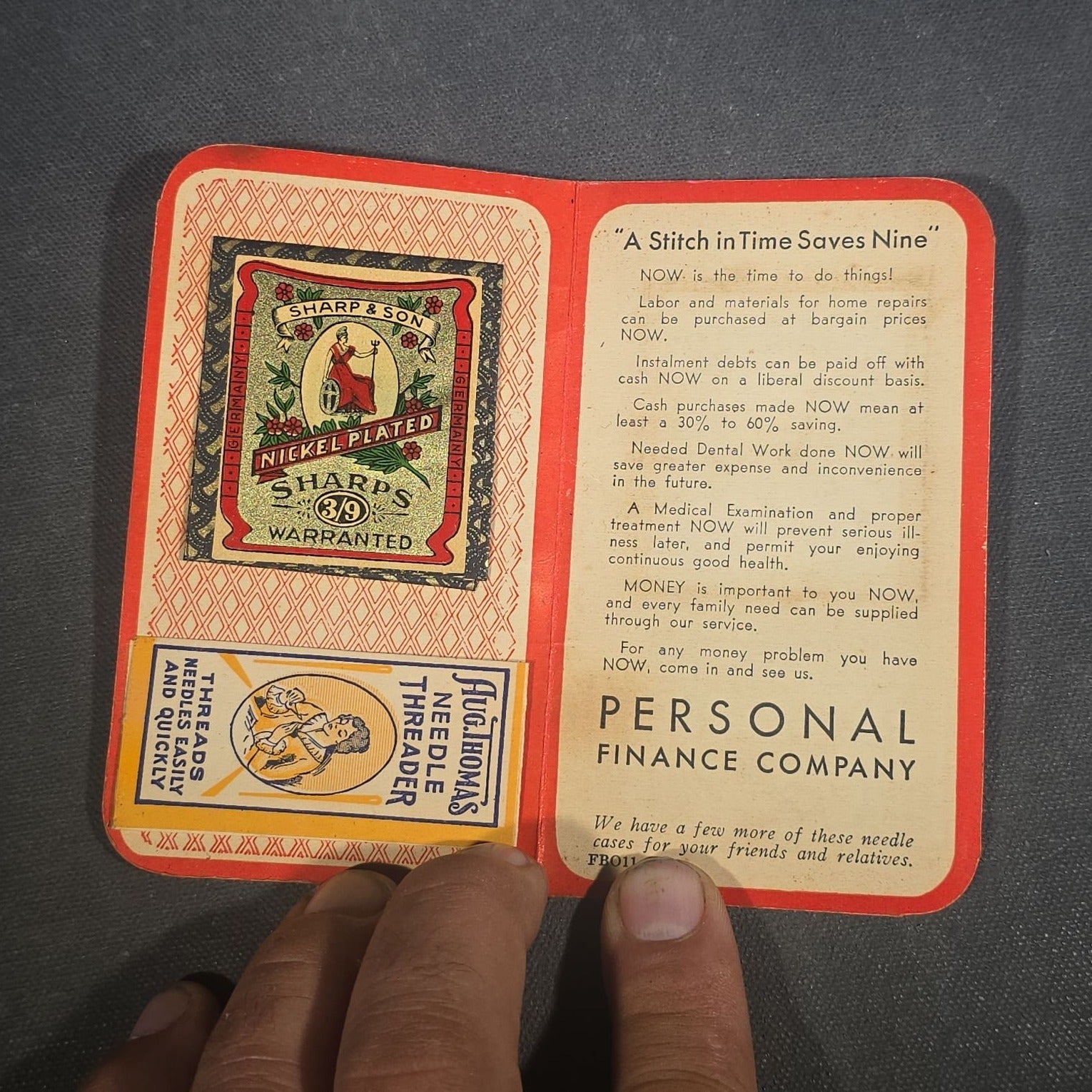 Grouping of Seven Antique and Vintage Christmas Ephemera including Santa Claus with Children in Sleigh R.P.P.C., Quincy Savings Bank Die-Cut Stocking Dime Holder, Personal Finance Company Advertising Needle Case, and Anti-New Deal Humorous Poem