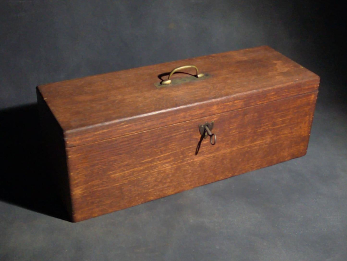 Antique Oak Keyed Document Box with Brass Handle and Working Lock with Key