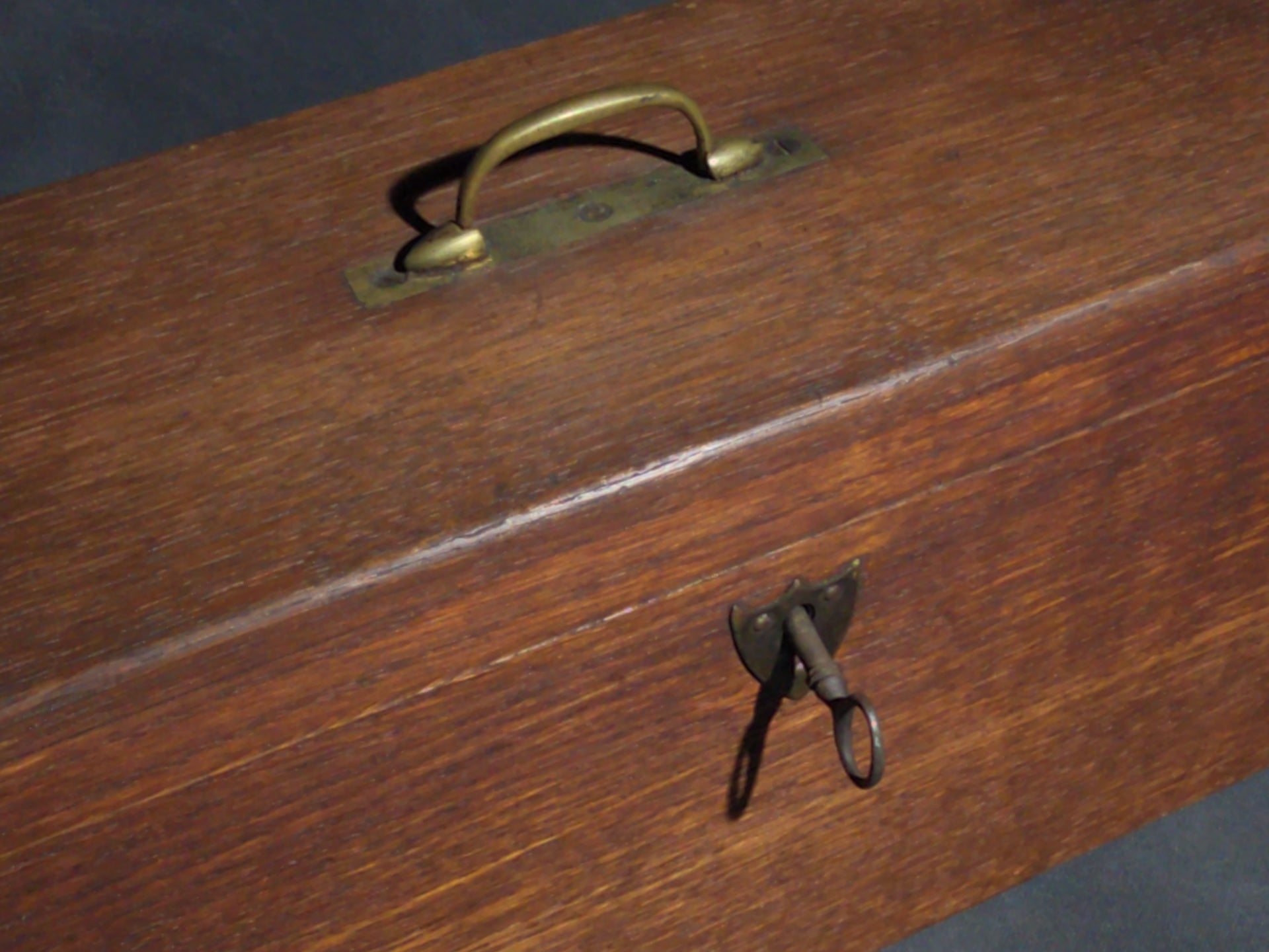 Antique Oak Keyed Document Box with Brass Handle and Working Lock with Key