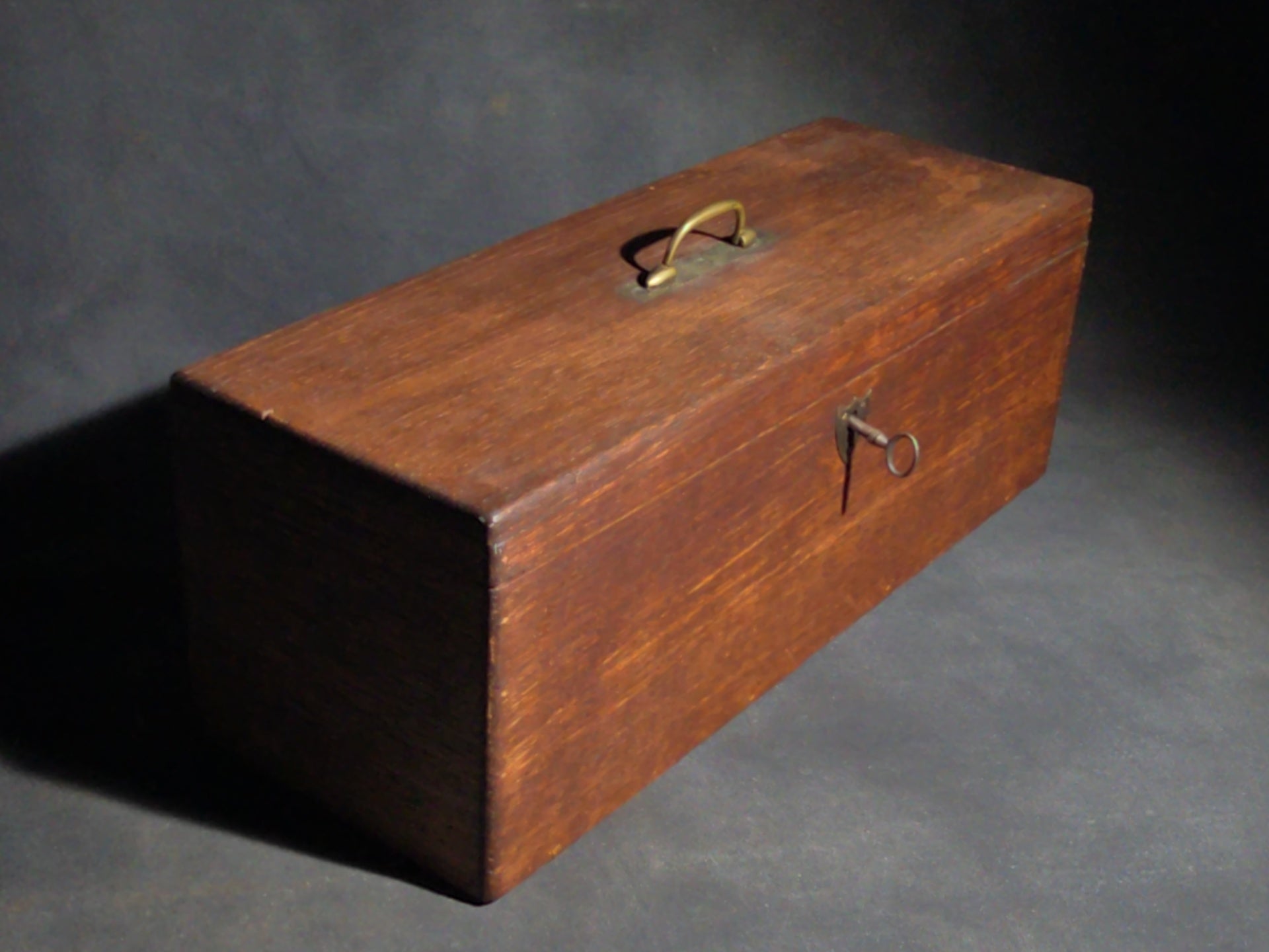 Antique Oak Keyed Document Box with Brass Handle and Working Lock with Key
