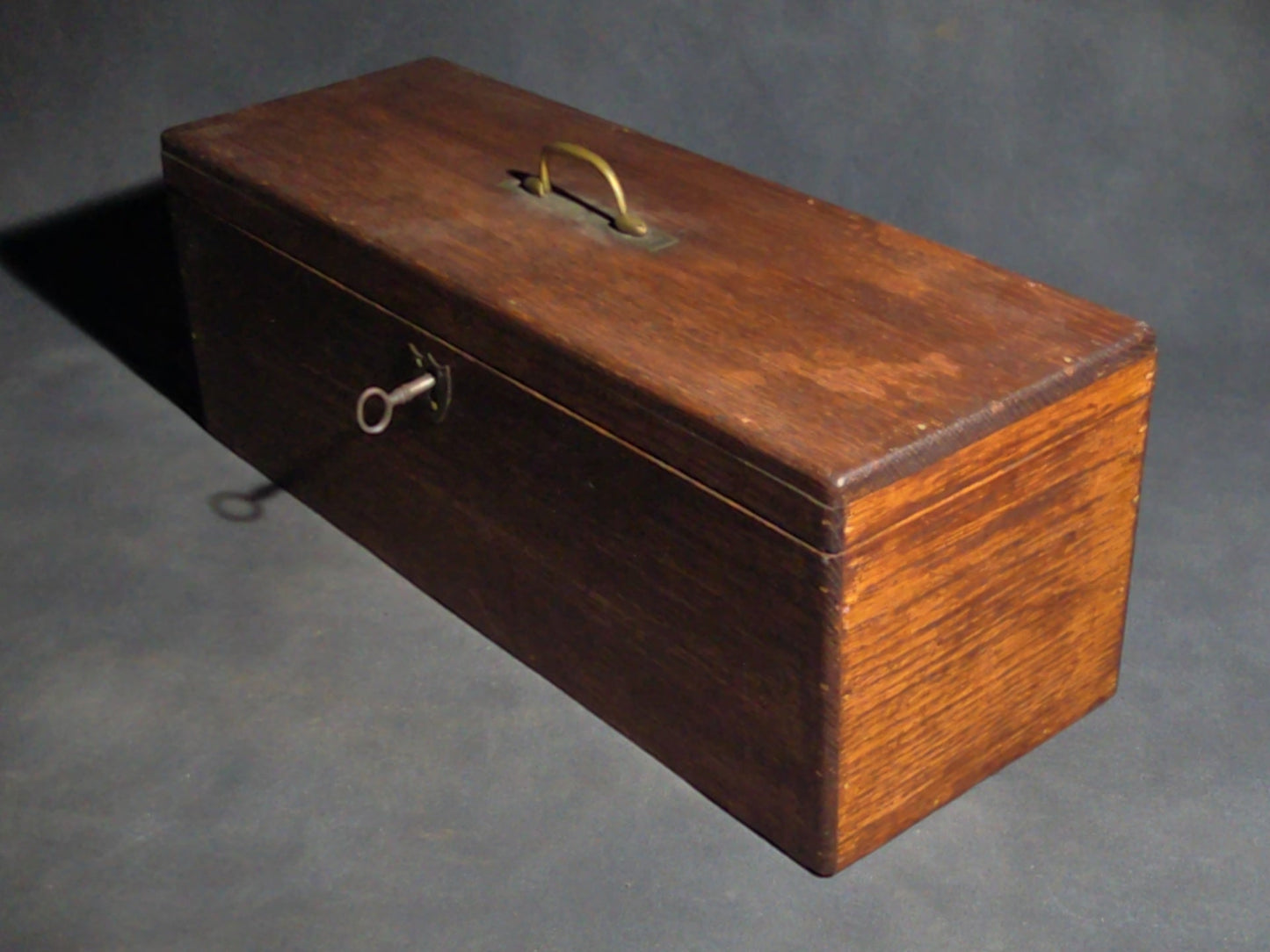 Antique Oak Keyed Document Box with Brass Handle and Working Lock with Key