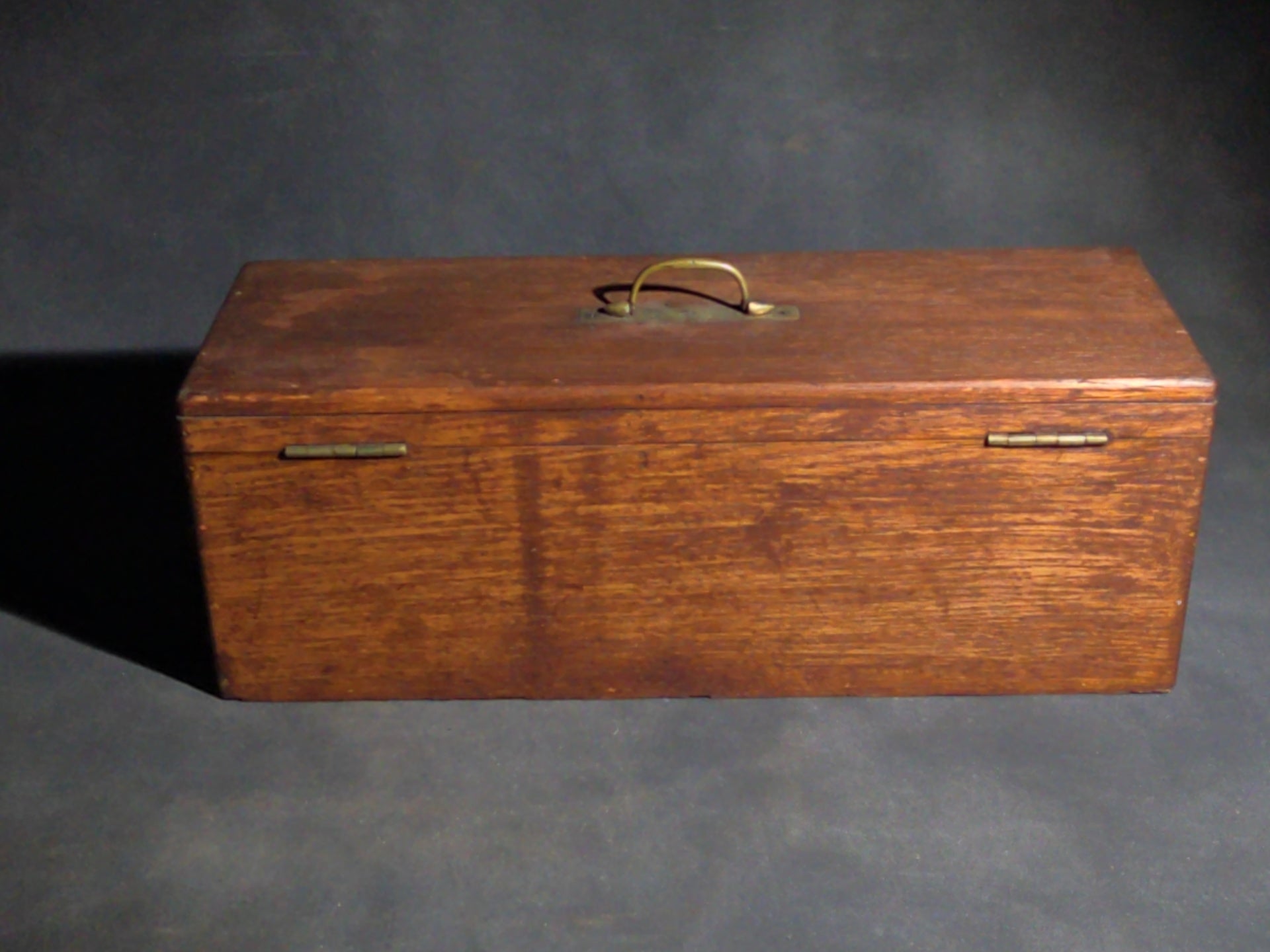 Antique Oak Keyed Document Box with Brass Handle and Working Lock with Key