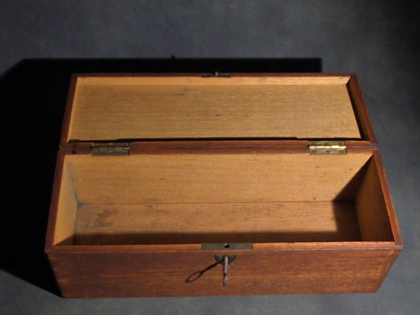 Antique Oak Keyed Document Box with Brass Handle and Working Lock with Key