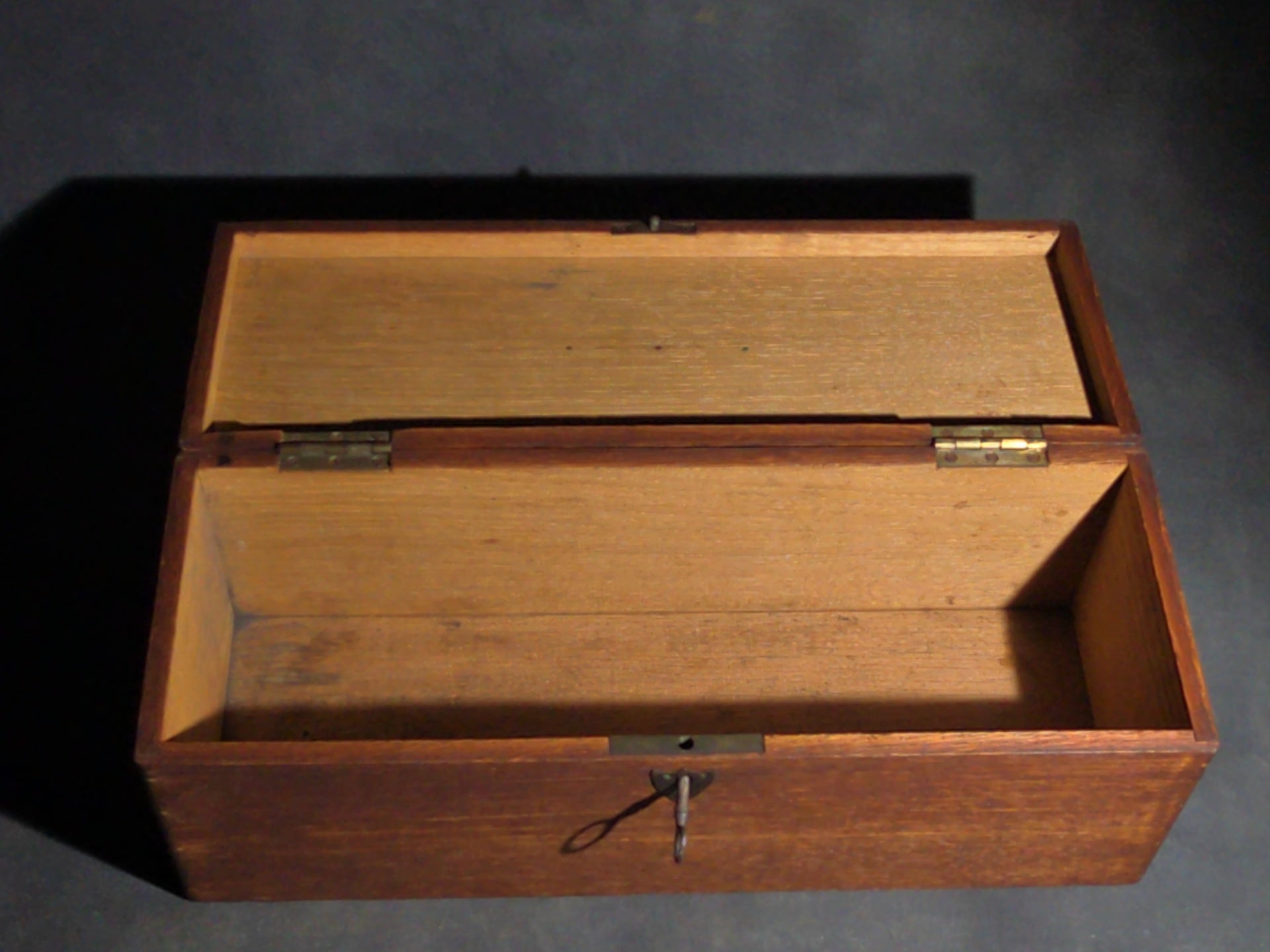 Antique Oak Keyed Document Box with Brass Handle and Working Lock with Key
