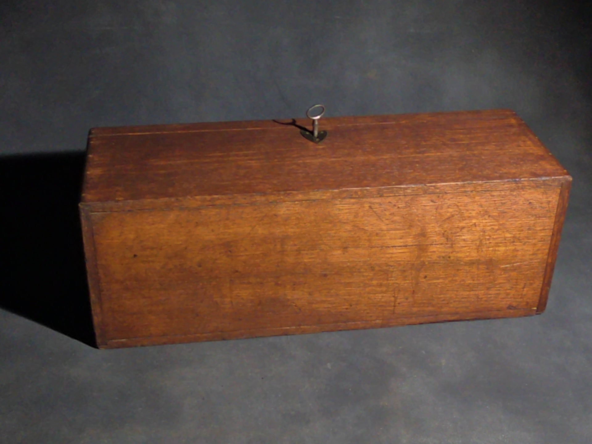 Antique Oak Keyed Document Box with Brass Handle and Working Lock with Key