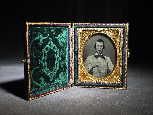 Antique 1/9th Plate Ruby Ambrotype Photograph of a Young Man in Checked Vest and Bow Tie in Full Leatherette Case