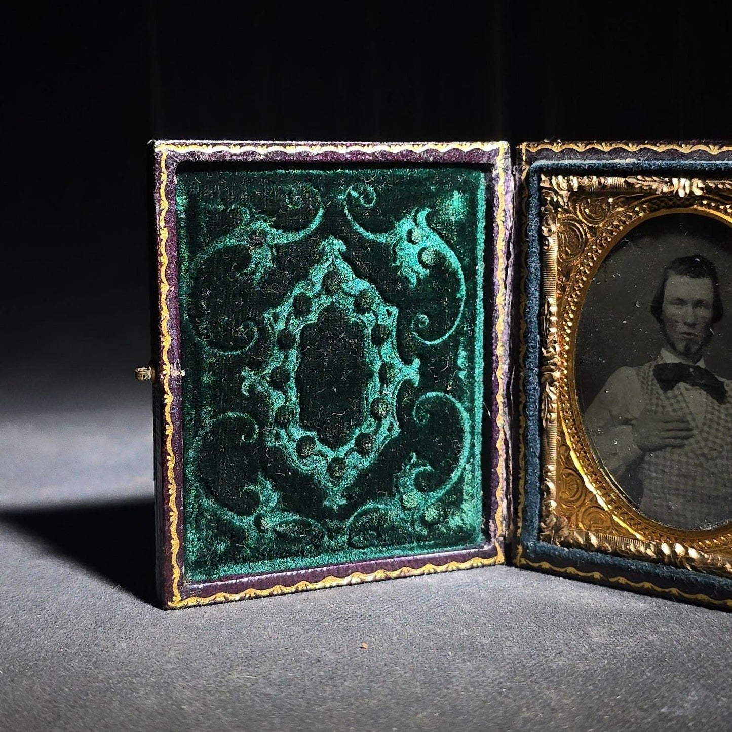 Antique 1/9th Plate Ruby Ambrotype Photograph of a Young Man in Checked Vest and Bow Tie in Full Leatherette Case