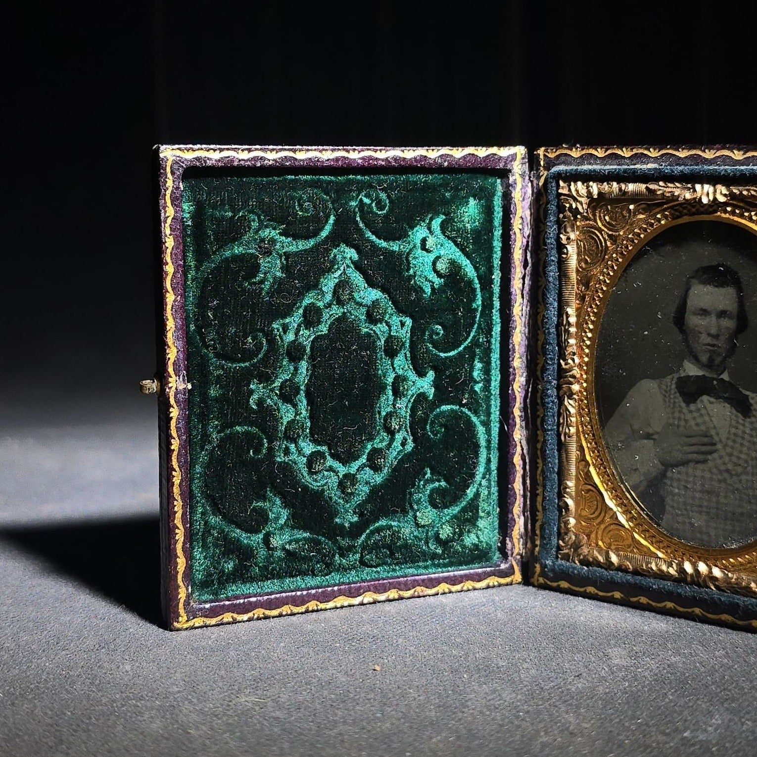 Antique 1/9th Plate Ruby Ambrotype Photograph of a Young Man in Checked Vest and Bow Tie in Full Leatherette Case