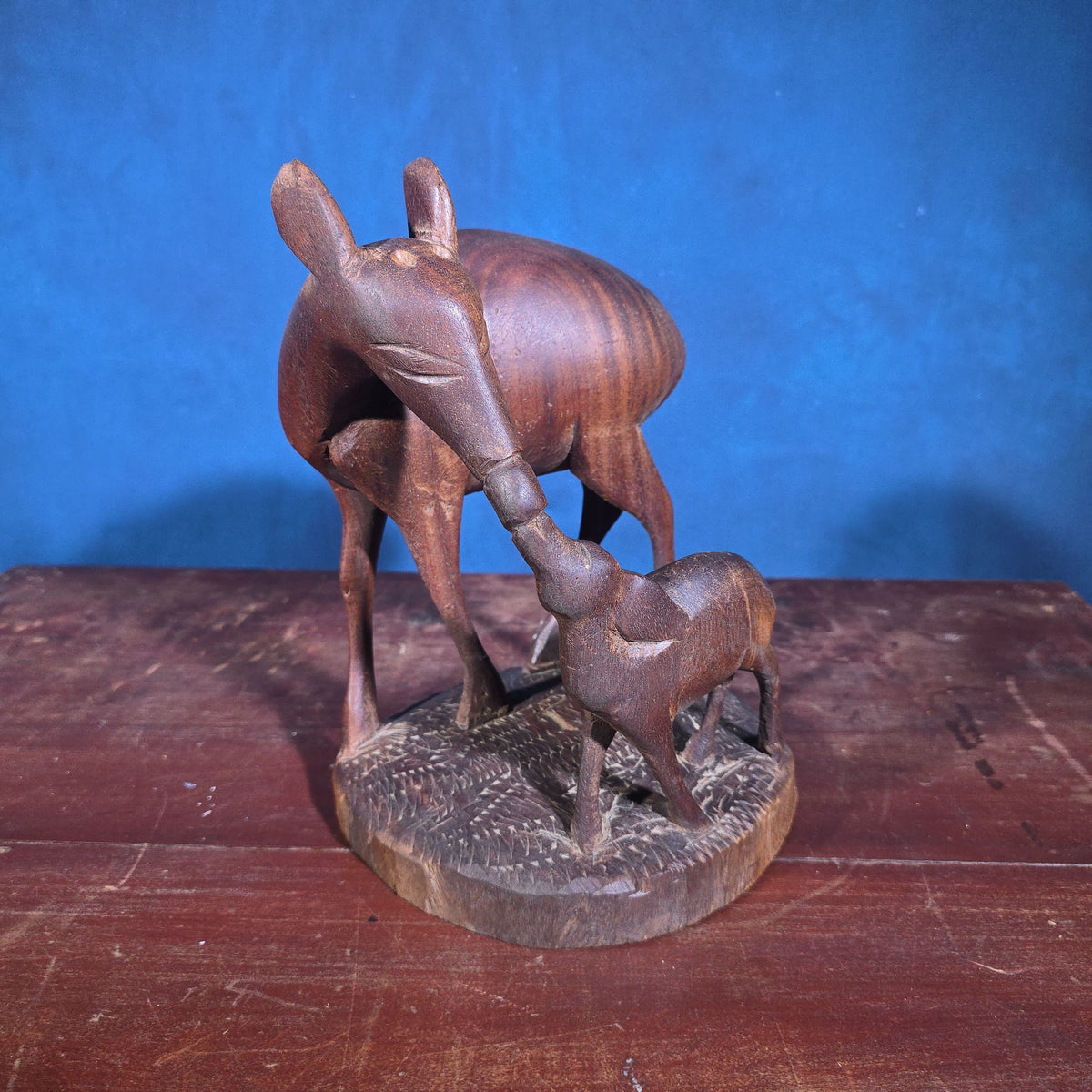 Vintage Carved Wood Figural Sculpture of a Deer and Fawn