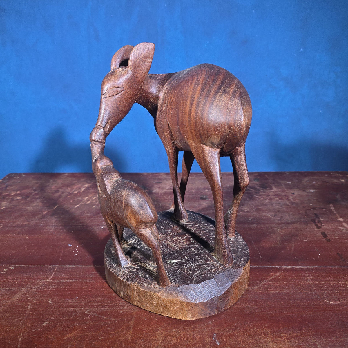 Vintage Carved Wood Figural Sculpture of a Deer and Fawn