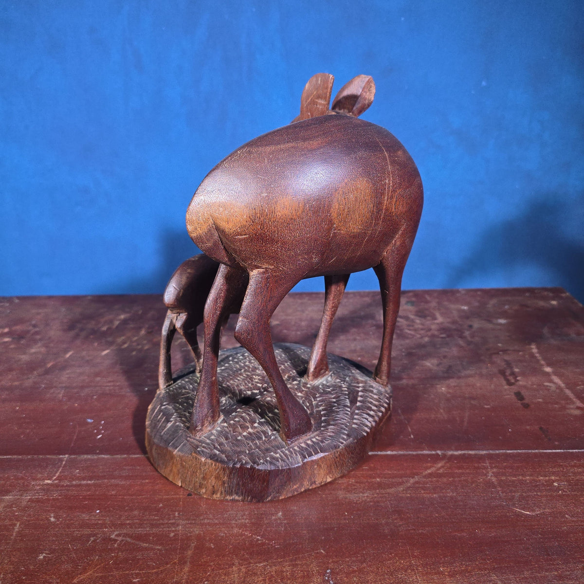 Vintage Carved Wood Figural Sculpture of a Deer and Fawn
