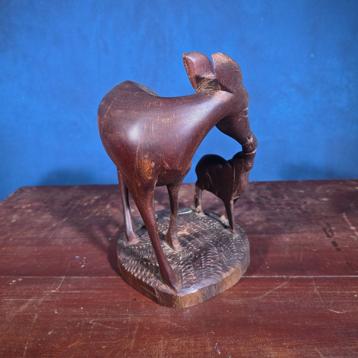 Vintage Carved Wood Figural Sculpture of a Deer and Fawn
