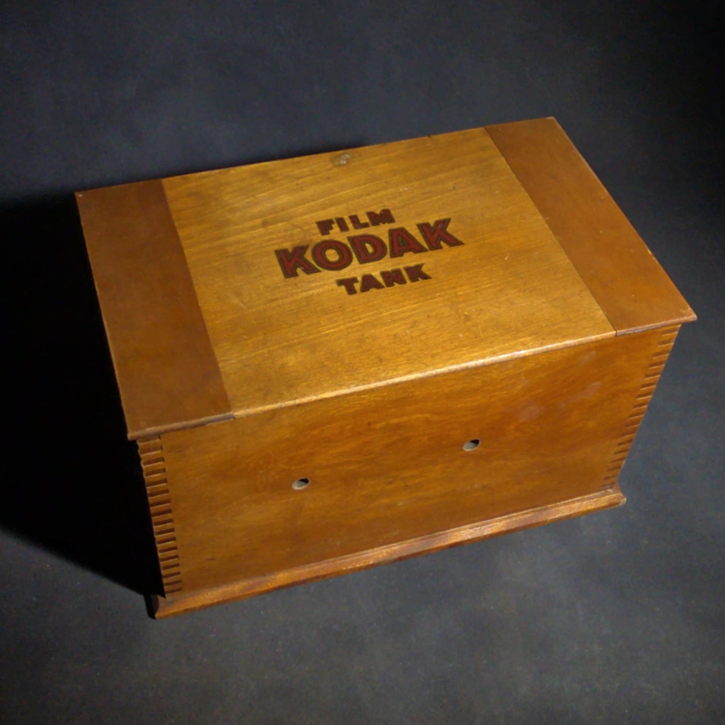 Antique Kodak Film Tank Model B-2, 3 1/2 Inch, Finger-Jointed Wood Box, Manufactured by Eastman Kodak Co., Rochester, New York