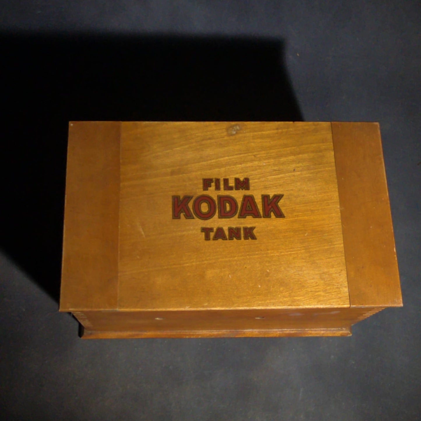Antique Kodak Film Tank Model B-2, 3 1/2 Inch, Finger-Jointed Wood Box, Manufactured by Eastman Kodak Co., Rochester, New York