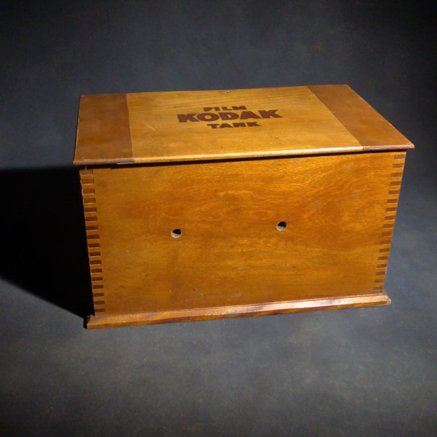 Antique Kodak Film Tank Model B-2, 3 1/2 Inch, Finger-Jointed Wood Box, Manufactured by Eastman Kodak Co., Rochester, New York