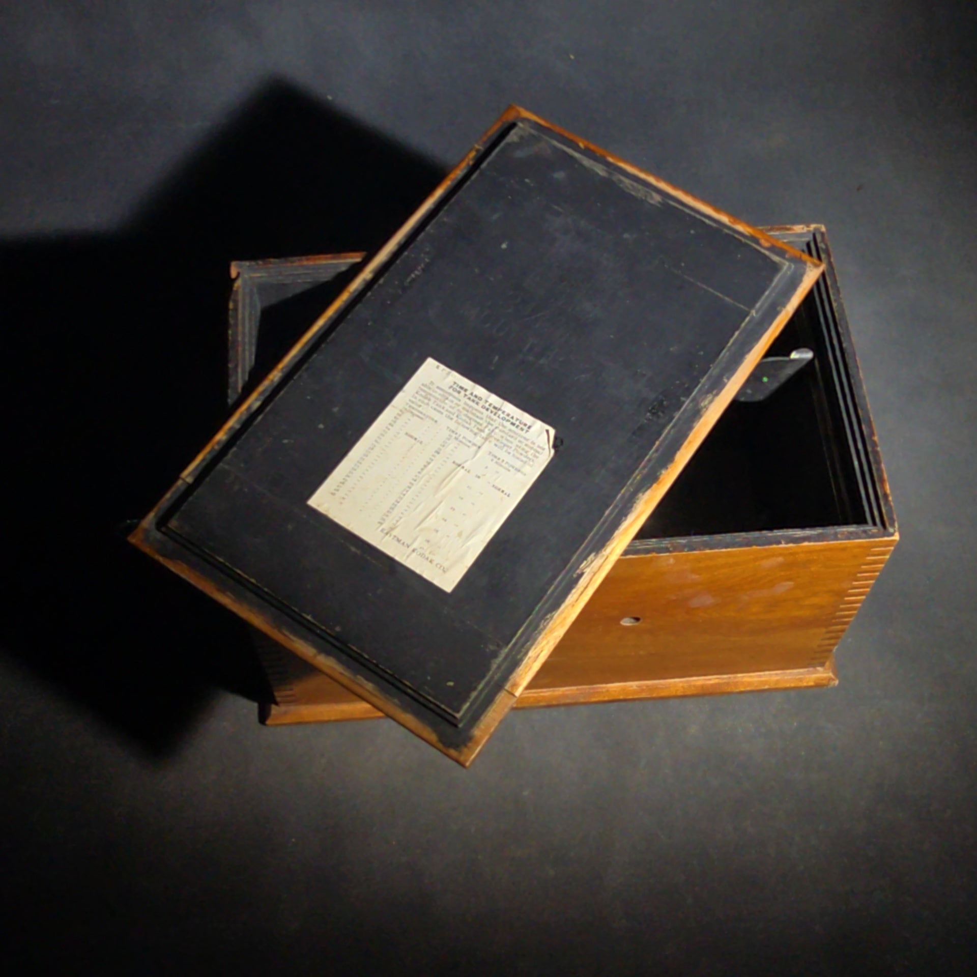 Antique Kodak Film Tank Model B-2, 3 1/2 Inch, Finger-Jointed Wood Box, Manufactured by Eastman Kodak Co., Rochester, New York